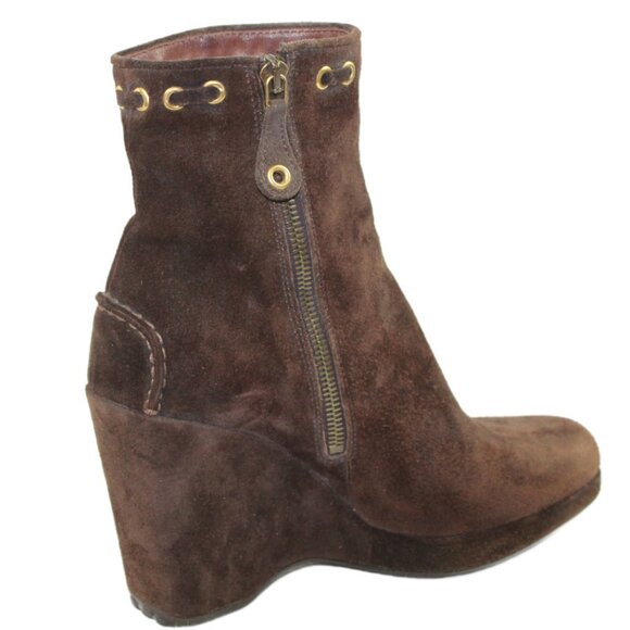 Original Car Shoe Prada Chocolate Suede Gold Tone Eyelet Wedge, Size 36.5 - Picture 5 of 13